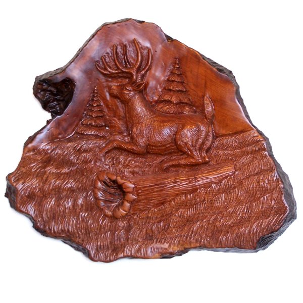 Redwood Burl Leaping Deer Wall Carving - Forest Gems Gallery